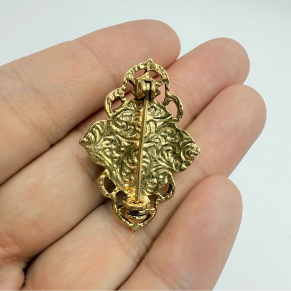 Vintage 1920s Pink Cabochon Pastel Swirl Acrylic AB Rhinestones Gold Tone Brooch - Picture 4 of 6